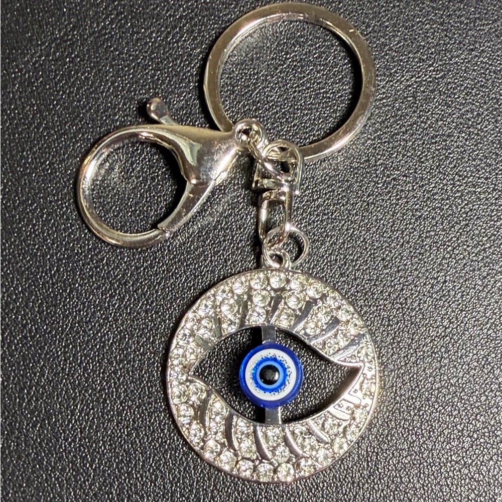 Evil Eye Crystal Keychain - Silver with Blue Accent